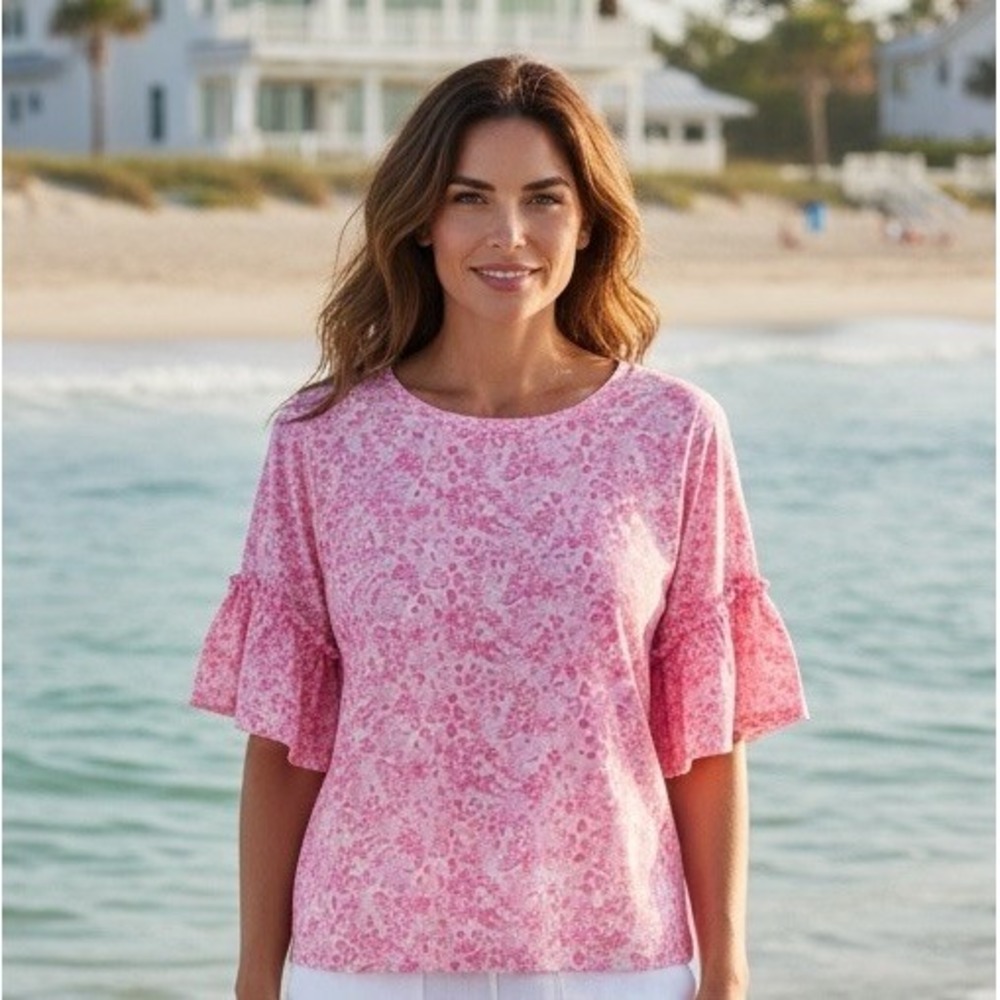 New Lilly Pulitzer M Ziva Top PINK SHANDY INVEST A GATOR Pima Cotton Medium RARE
